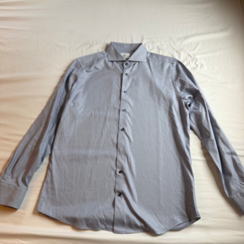 Emanuel Berg Modern Fit Dress Shirt Mens 16.5 42 L Navy Houndstooth Poland